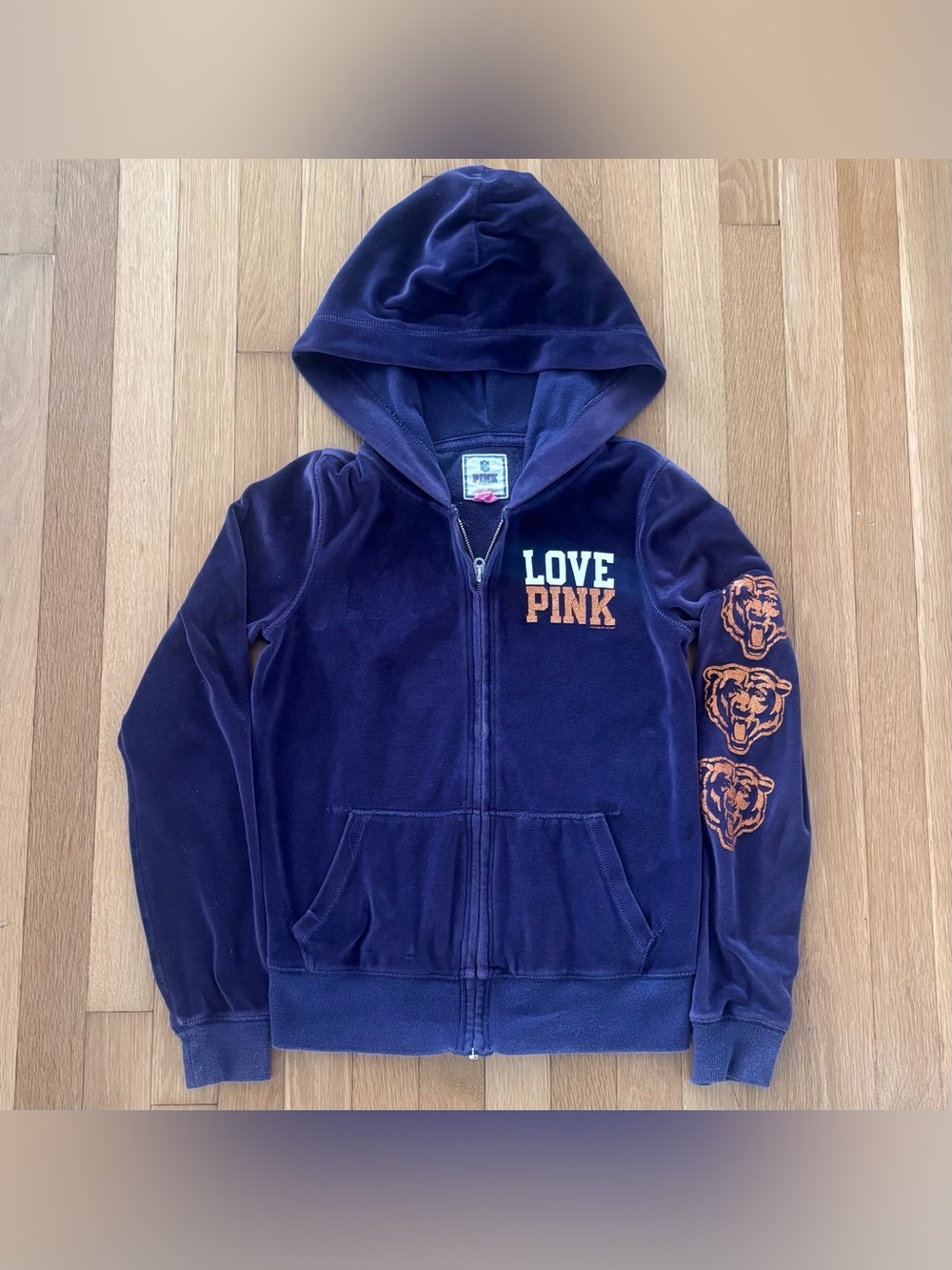 Vintage PINK Chicago Bears Hoodie Womens S Velour Zip Up Jacket NFL 2011